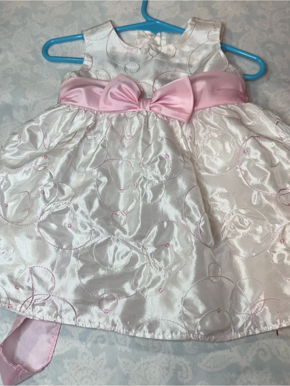 La Princess White Satin Dress with Pink Bow Accent